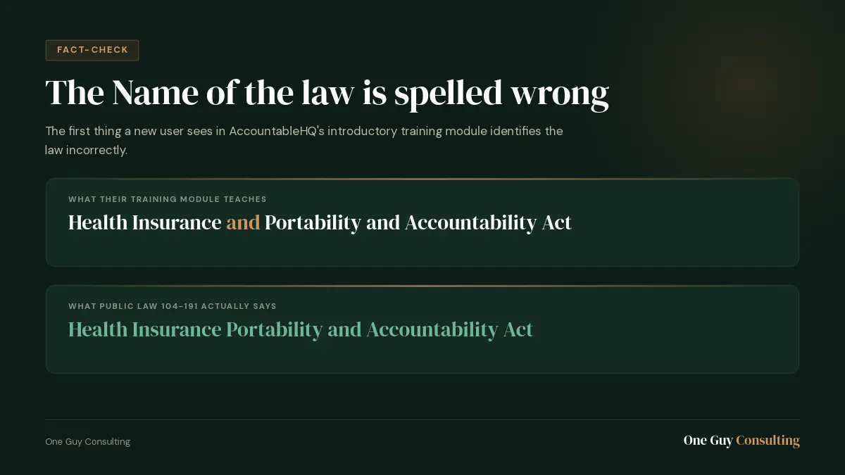 AccountableHQ HIPAA fact-check: the name of the law Fact-check graphic: AccountableHQ training uses an incorrect name for the HIPAA law