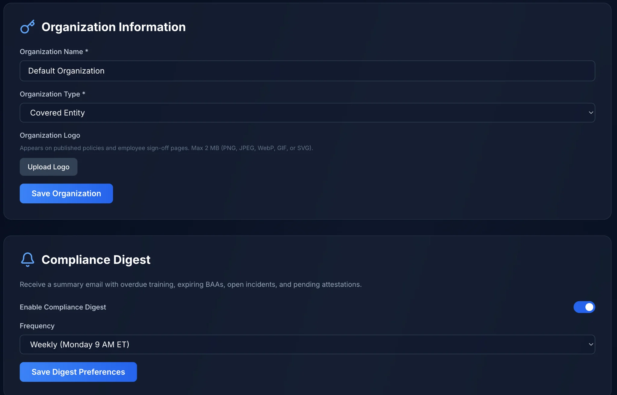 Organization Information and Compliance Digest settings sections