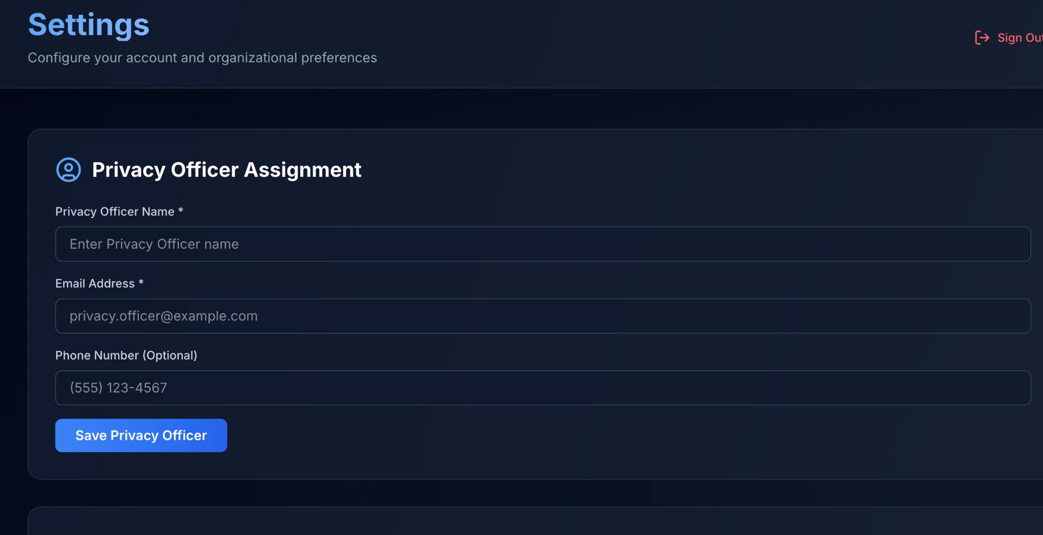 Settings page showing Privacy Officer Assignment form with name, email, and phone fields