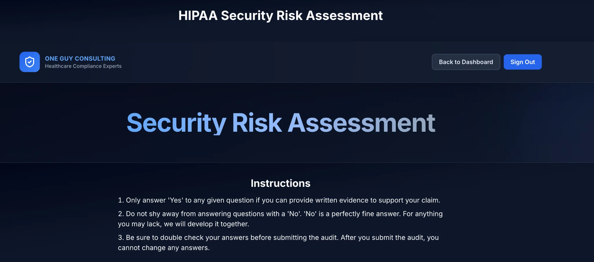 HIPAA Security Risk Assessment page with instructions